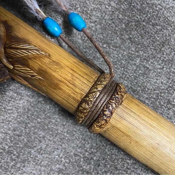 Vintage Hand Carved Wooden Flute with Leather Ties Feathers & Turquoise Beads - Picture 14 of 16